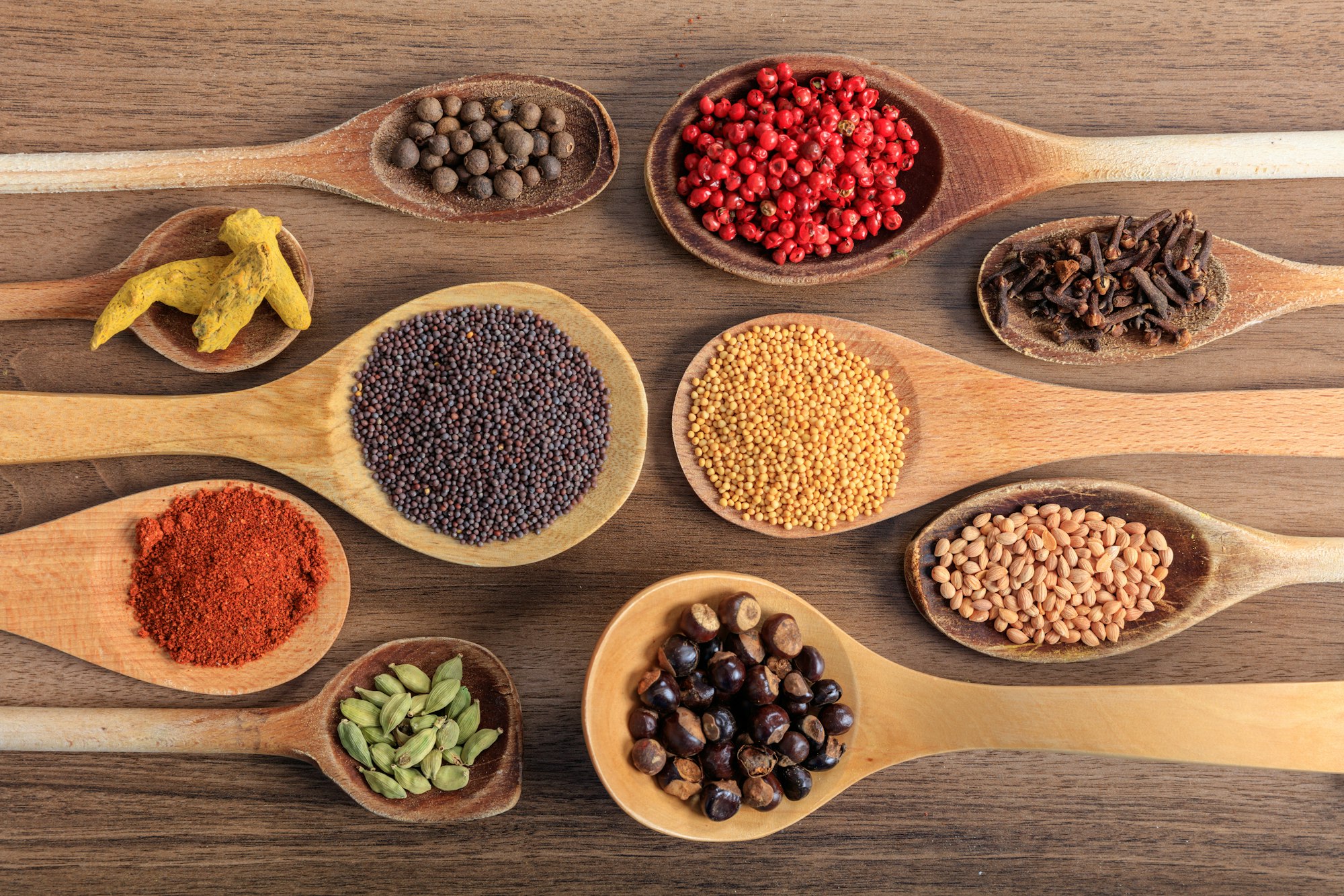 Variety of spices on a wooden surface
